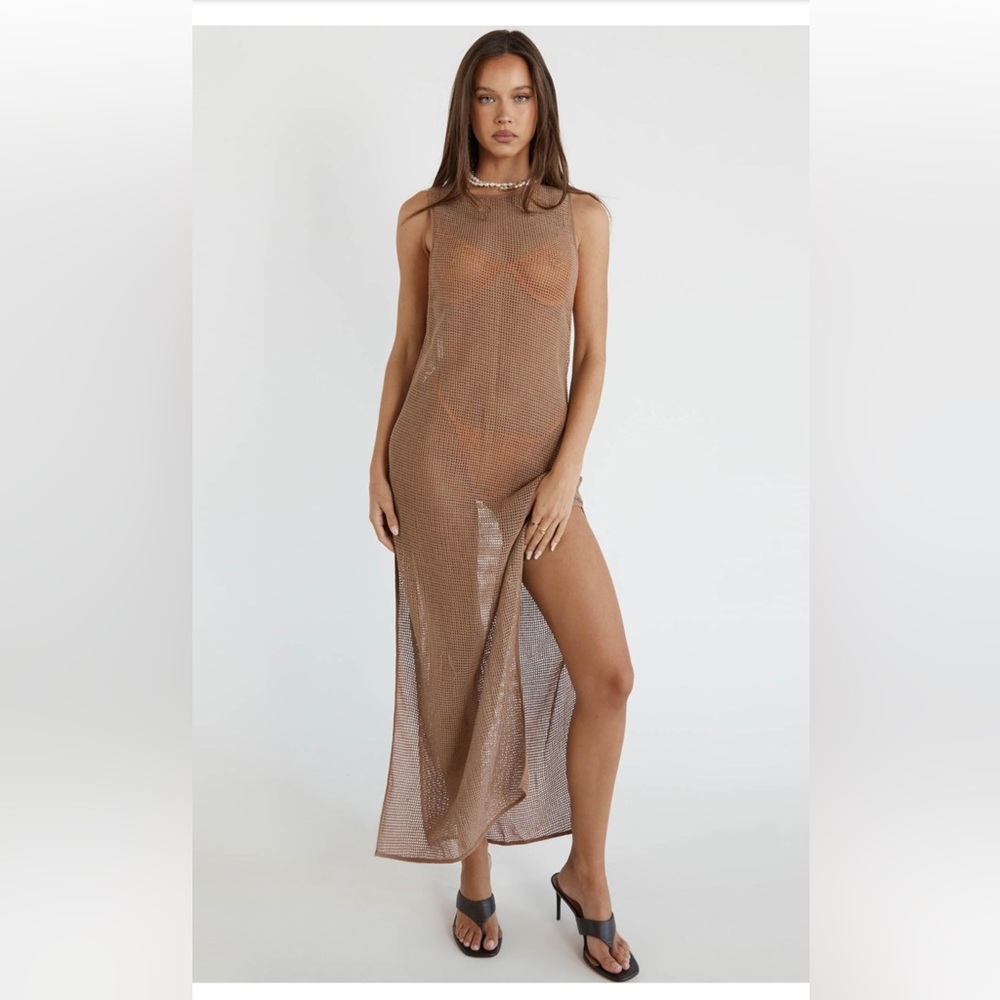 Elegant Brown Mesh Maxi Dress